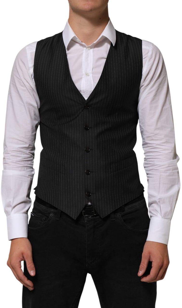 Dolce & Gabbana Black Wool Men Dress Formal Waistcoat Vest Zwart
