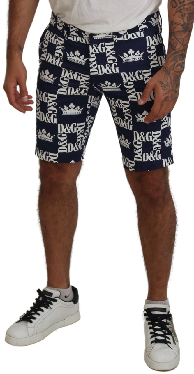 Dolce & Gabbana Blue Logo Print Cotton Chinos Shorts Blauw