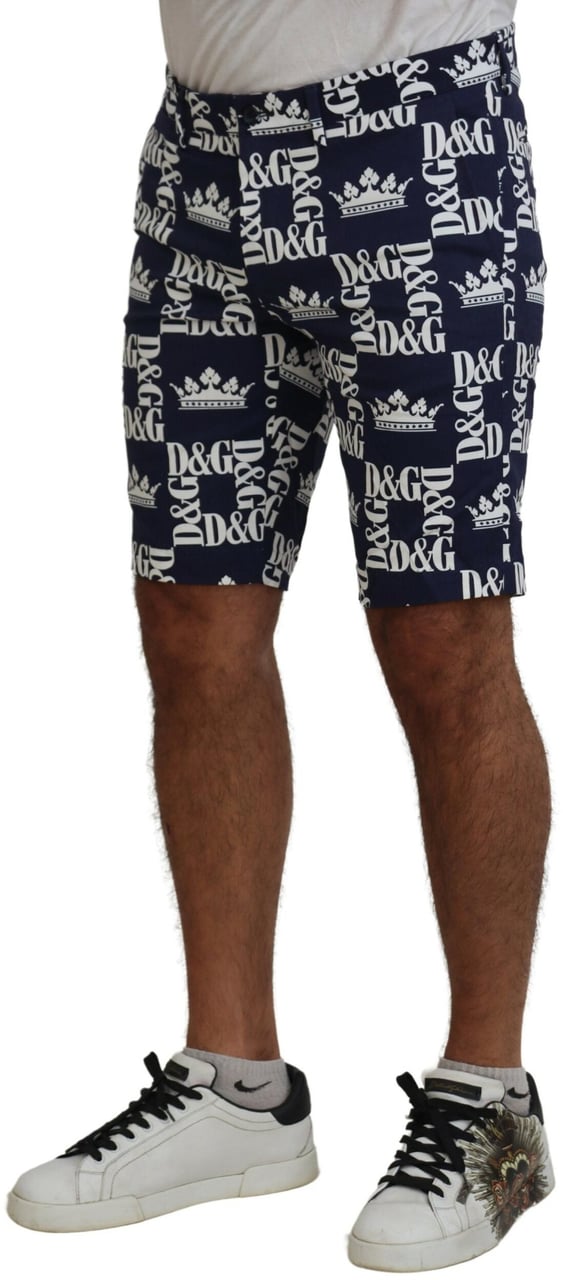 Dolce & Gabbana Blue Logo Print Cotton Chinos Shorts Blauw