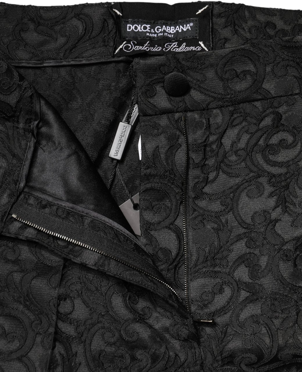 Dolce & Gabbana Black Floral Brocade High Waisted Trouser Pants Zwart