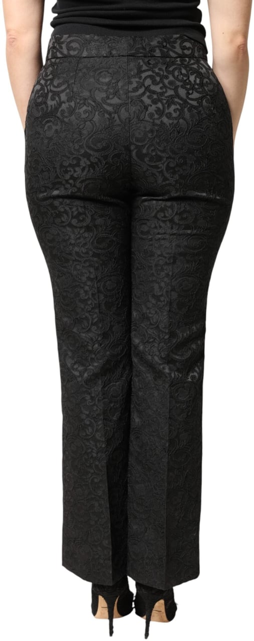 Dolce & Gabbana Black Floral Brocade High Waisted Trouser Pants Zwart