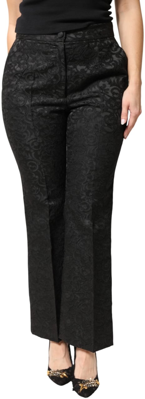 Dolce & Gabbana Black Floral Brocade High Waisted Trouser Pants Zwart