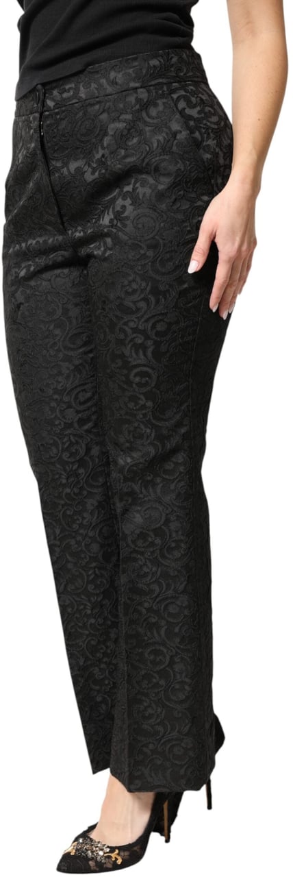 Dolce & Gabbana Black Floral Brocade High Waisted Trouser Pants Zwart