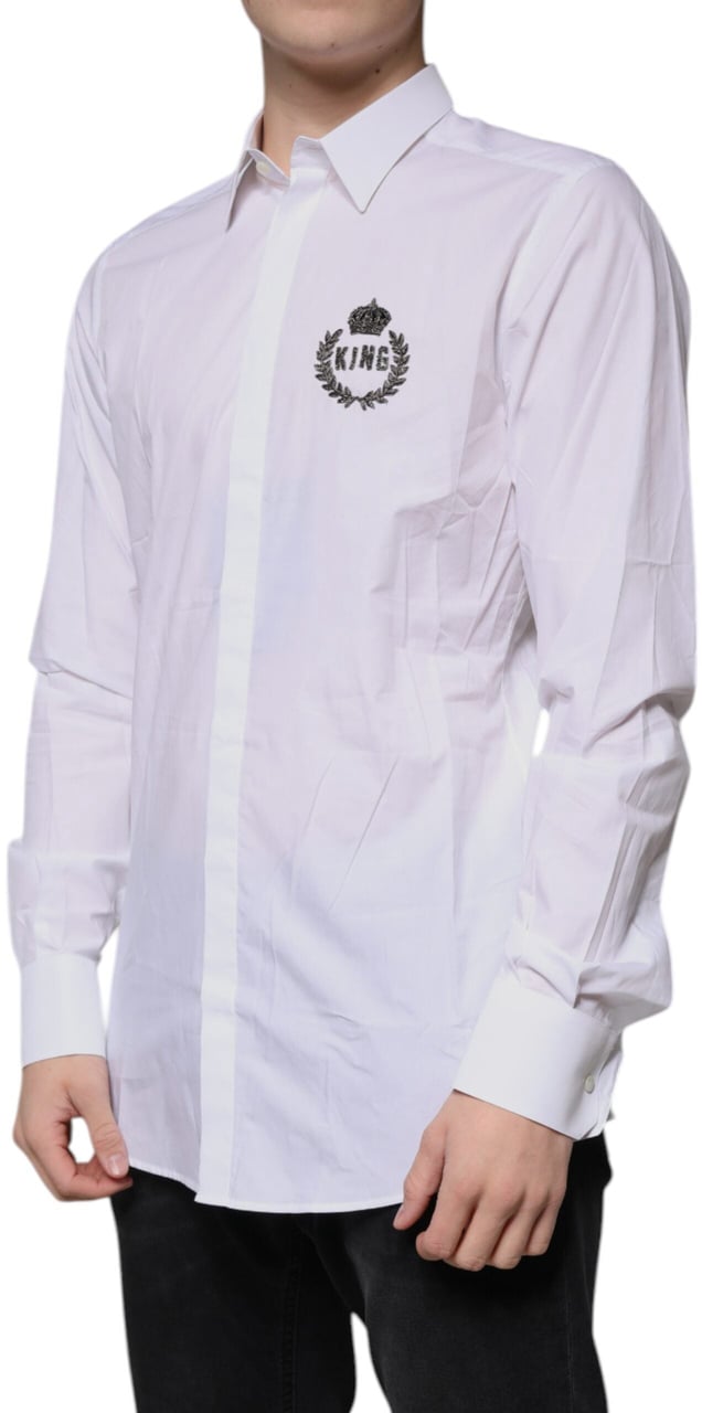Dolce & Gabbana White Cotton Logo Formal Men GOLD Dress Shirt Wit