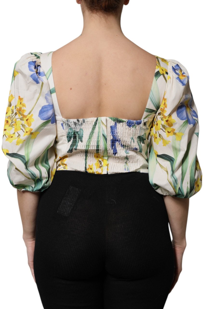 Dolce & Gabbana White Floral Puff Sleeves Crop Blouse Top Divers