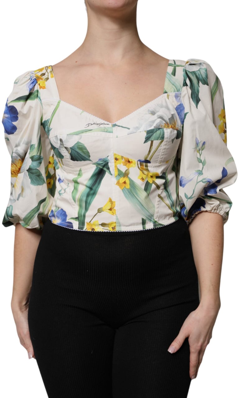 Dolce & Gabbana White Floral Puff Sleeves Crop Blouse Top Divers