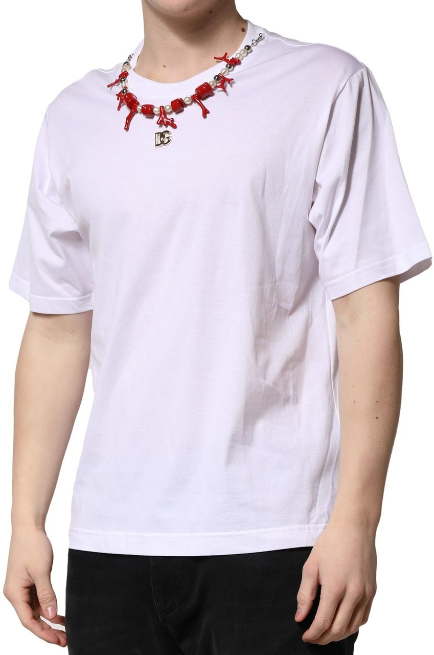 Dolce & Gabbana White Embellished Cotton Crew Neck T-shirt Wit