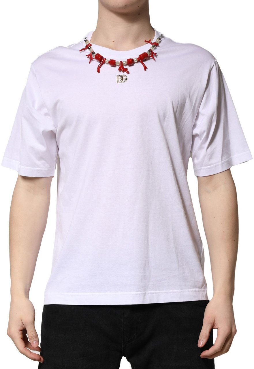 Dolce & Gabbana White Embellished Cotton Crew Neck T-shirt Wit