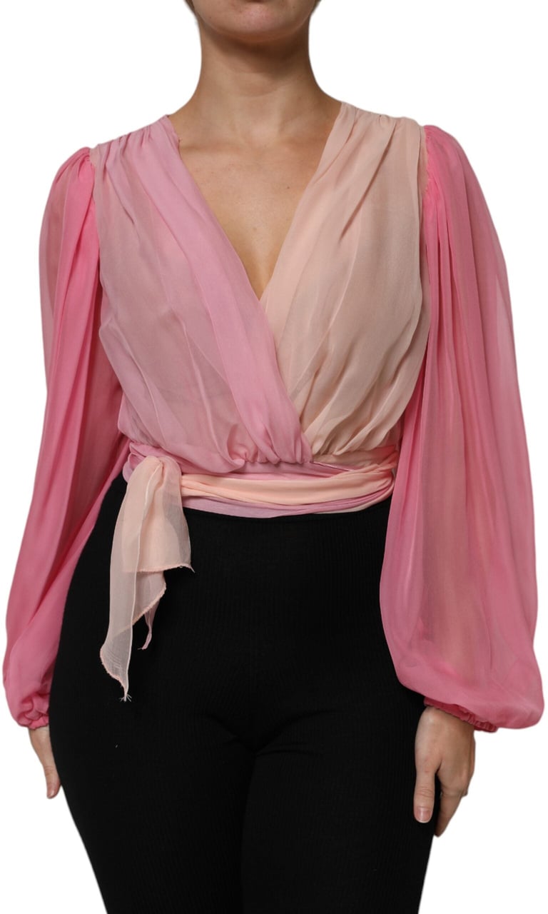Dolce & Gabbana Pink Plunging V-neck Long Sleeves Blouse Top Groen