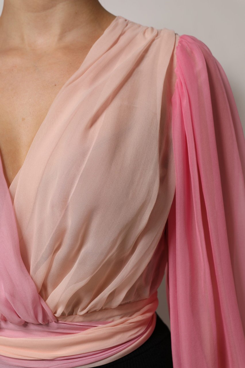 Dolce & Gabbana Pink Plunging V-neck Long Sleeves Blouse Top Groen