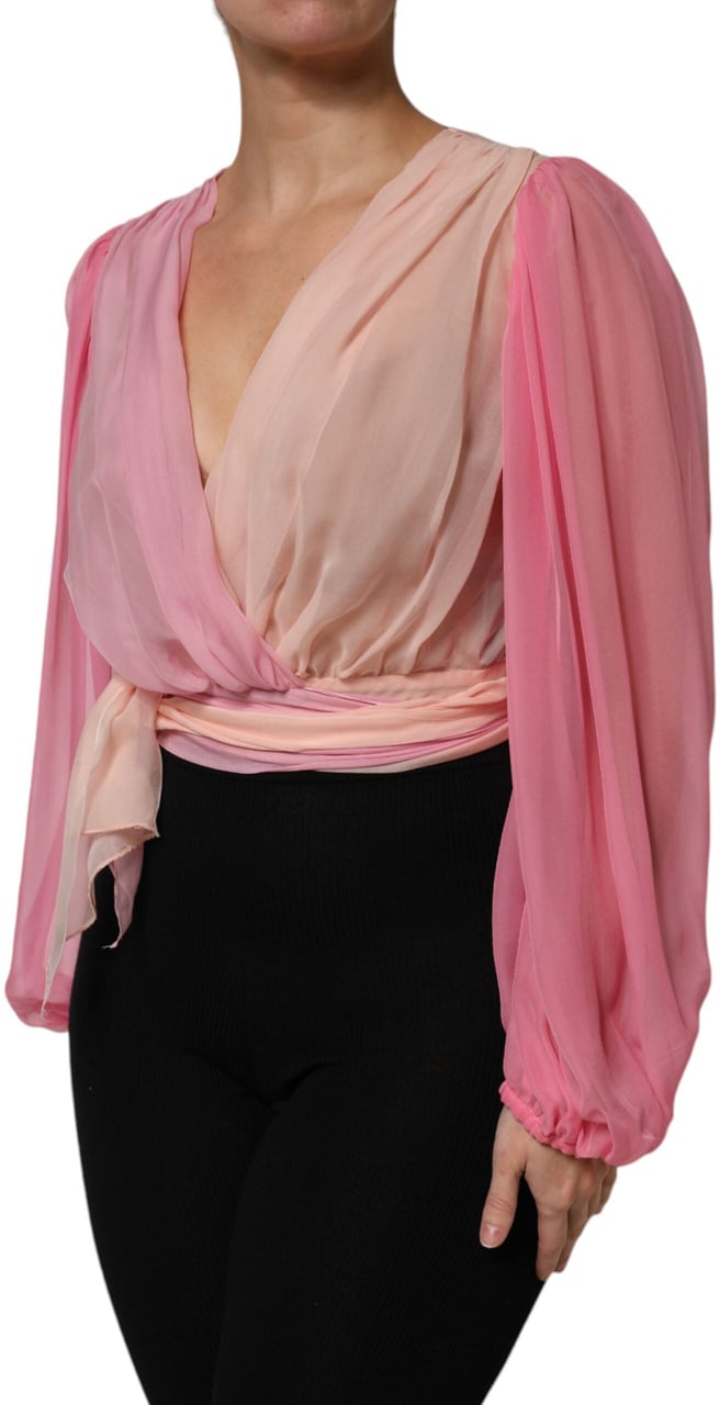 Dolce & Gabbana Pink Plunging V-neck Long Sleeves Blouse Top Groen