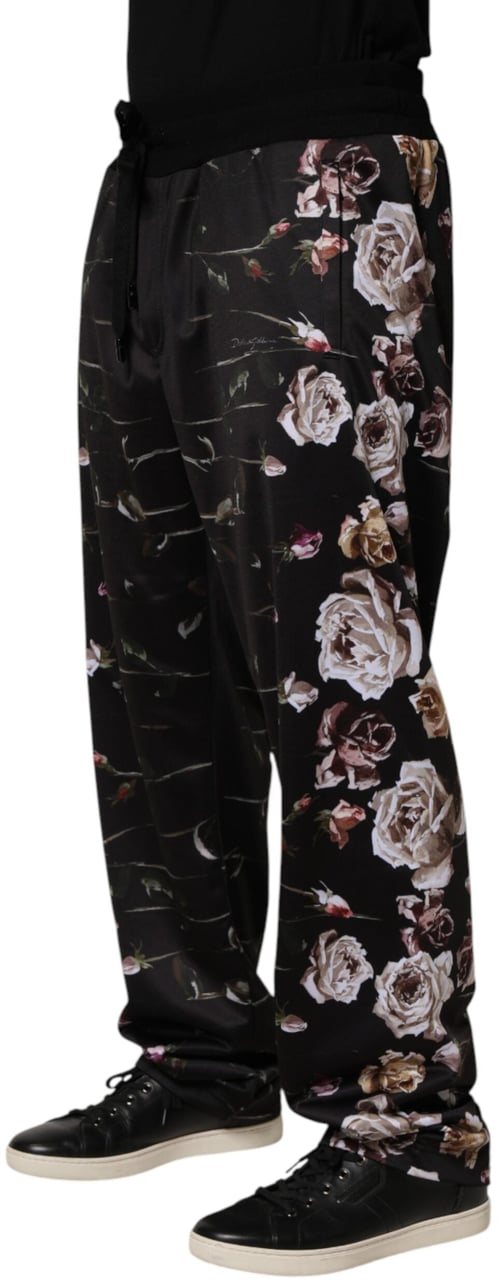 Dolce & Gabbana Black Floral Straight-Leg Chino Trouser Pants Zwart