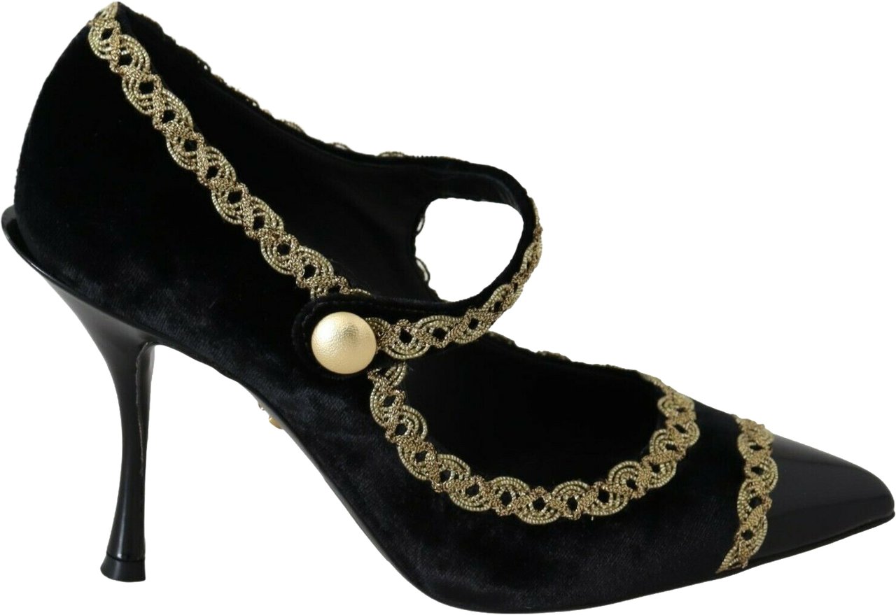 Dolce & Gabbana Black Embellished Velvet Mary Jane Pumps Shoes Zwart
