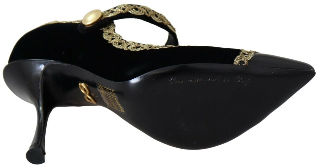 Dolce & Gabbana Black Embellished Velvet Mary Jane Pumps Shoes Zwart