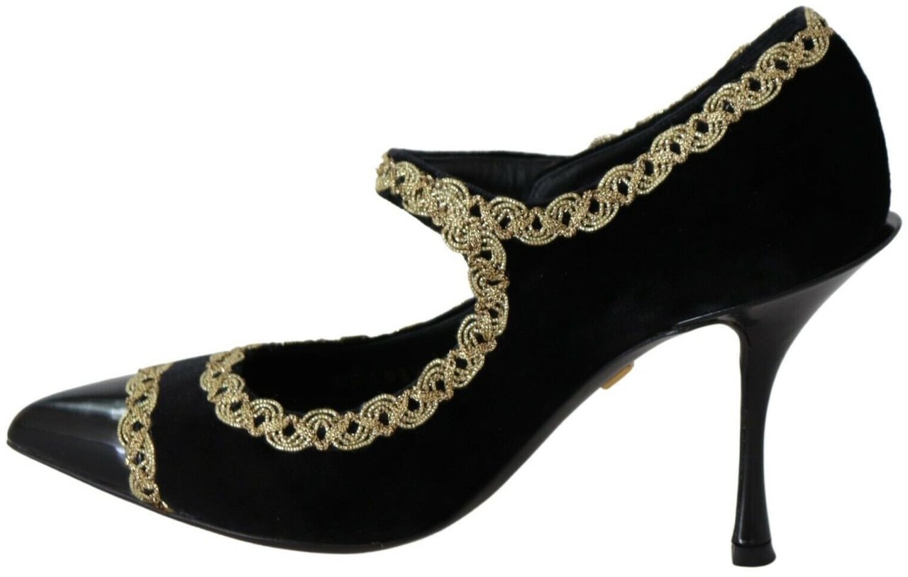 Dolce & Gabbana Black Embellished Velvet Mary Jane Pumps Shoes Zwart