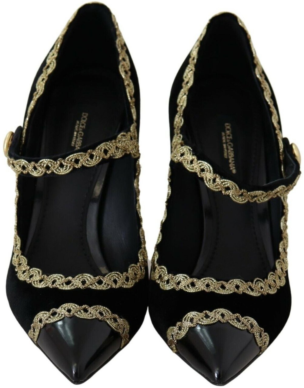 Dolce & Gabbana Black Embellished Velvet Mary Jane Pumps Shoes Zwart