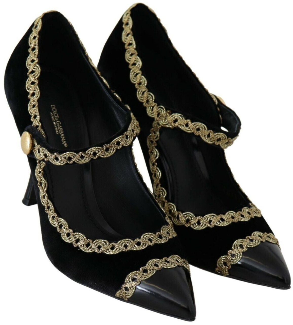 Dolce & Gabbana Black Embellished Velvet Mary Jane Pumps Shoes Zwart