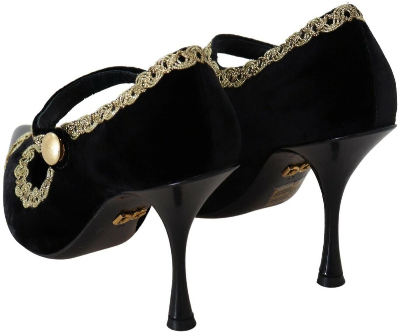 Dolce & Gabbana Black Embellished Velvet Mary Jane Pumps Shoes Zwart