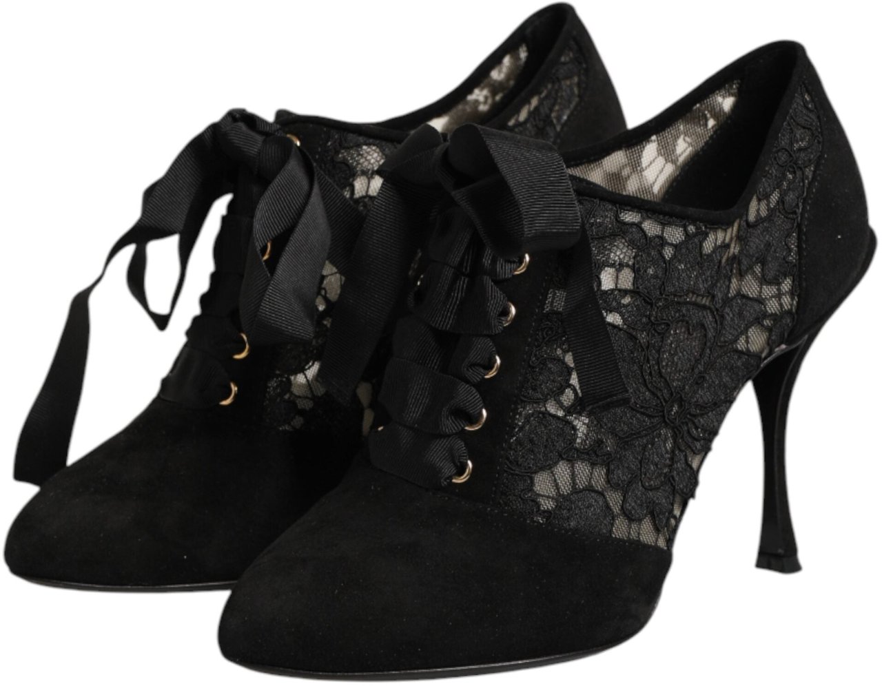 Dolce & Gabbana Black Floral High Heels LACE-UPS Pumps Shoes Zwart
