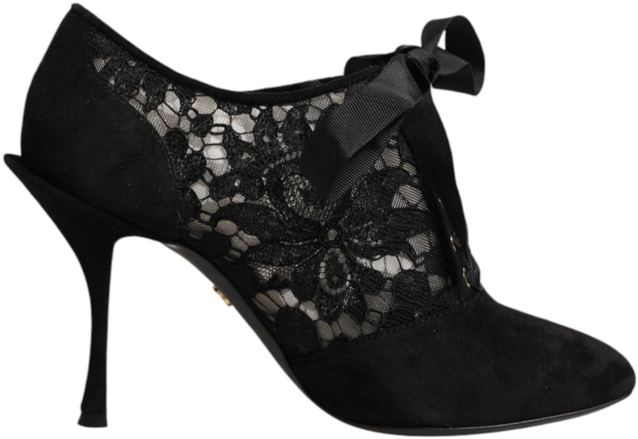 Dolce & Gabbana Black Floral High Heels LACE-UPS Pumps Shoes Zwart