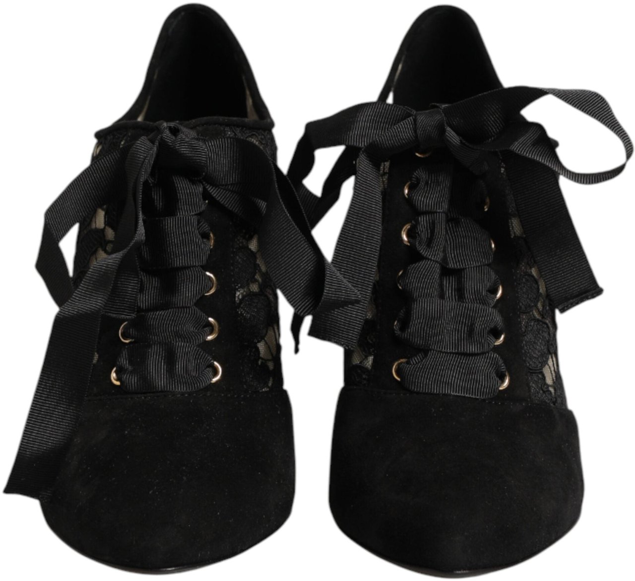 Dolce & Gabbana Black Floral High Heels LACE-UPS Pumps Shoes Zwart