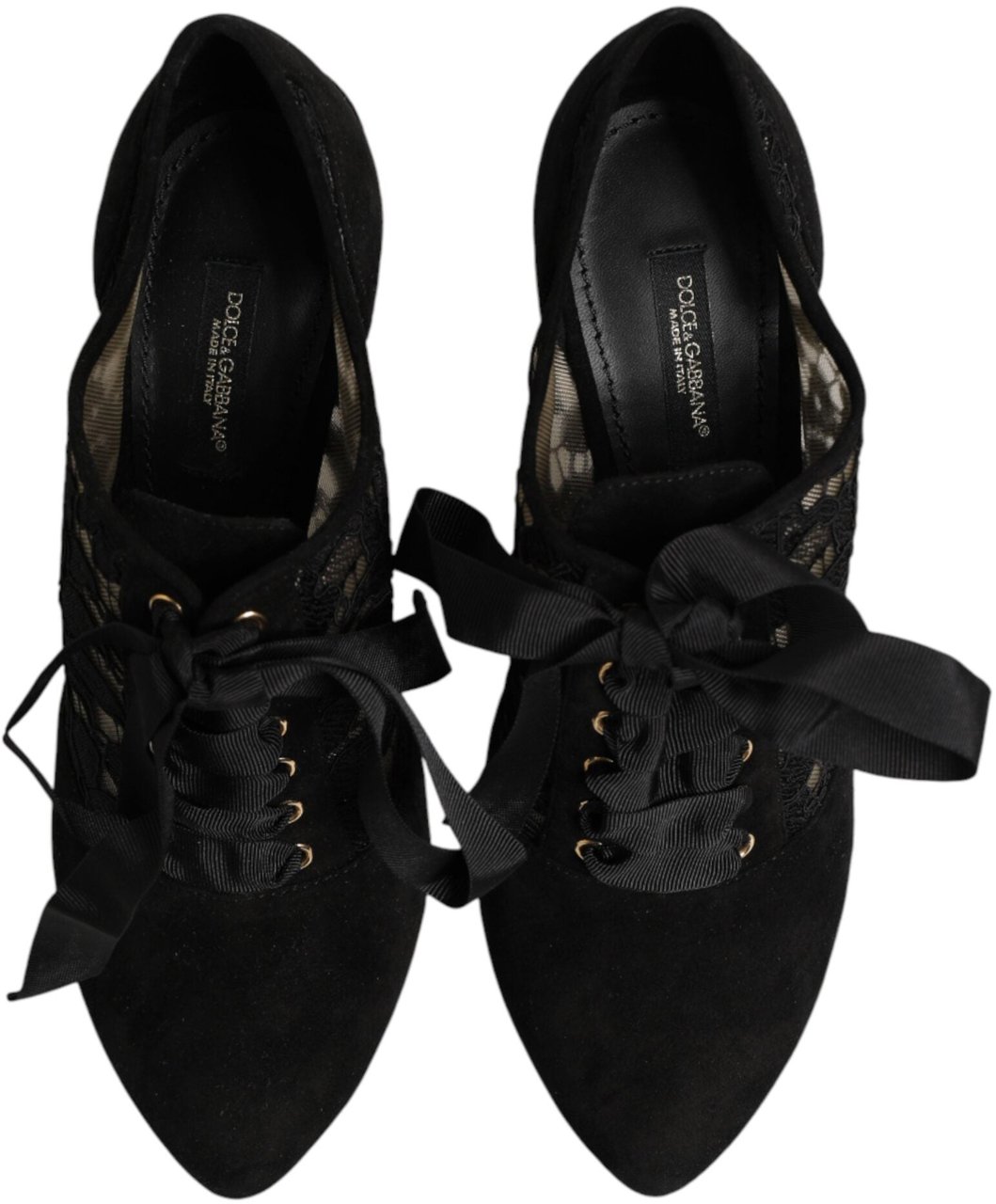 Dolce & Gabbana Black Floral High Heels LACE-UPS Pumps Shoes Zwart
