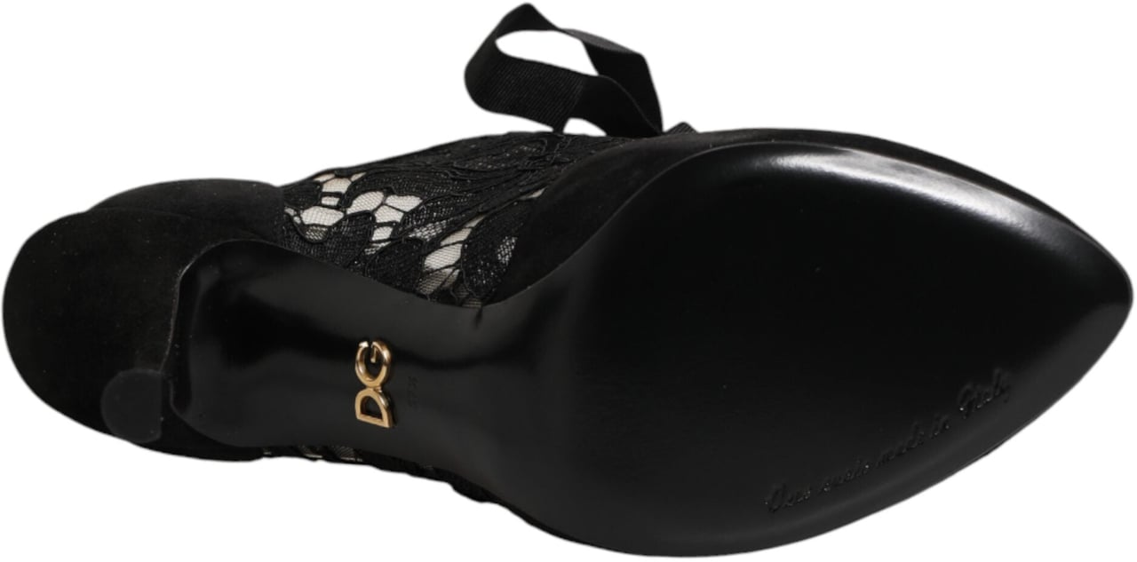 Dolce & Gabbana Black Floral High Heels LACE-UPS Pumps Shoes Zwart