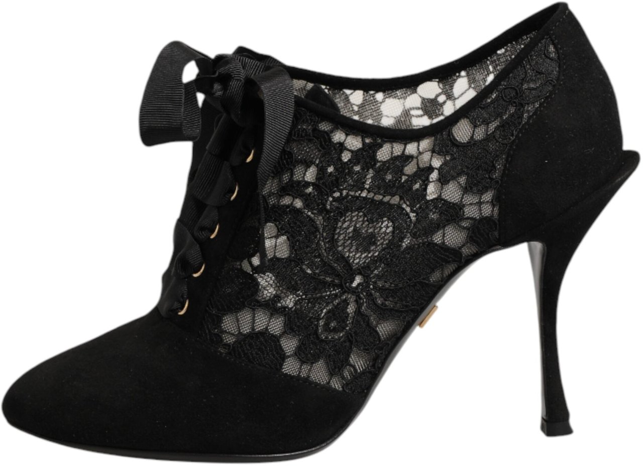 Dolce & Gabbana Black Floral High Heels LACE-UPS Pumps Shoes Zwart