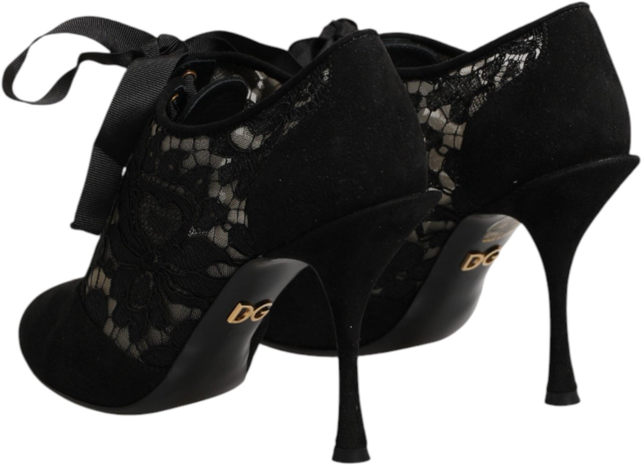 Dolce & Gabbana Black Floral High Heels LACE-UPS Pumps Shoes Zwart