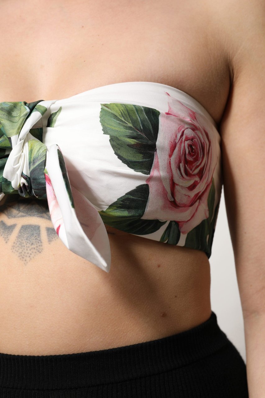 Dolce & Gabbana White Floral Print Cropped Bustier Corset Top Wit