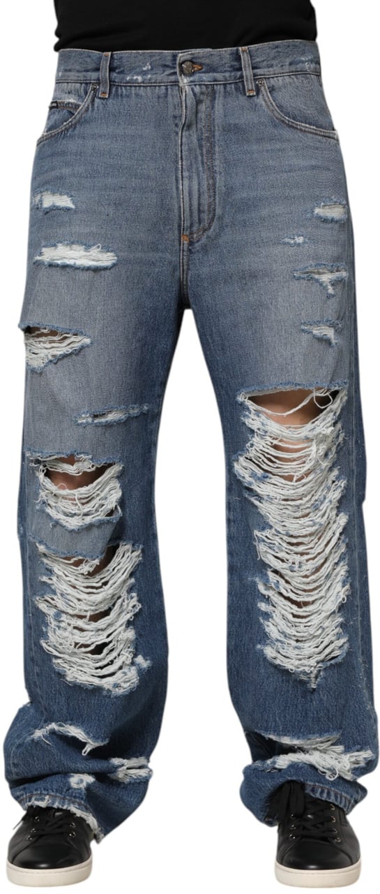 Dolce & Gabbana Blue Tattered Cotton Logo Plaque Denim Jeans Blauw