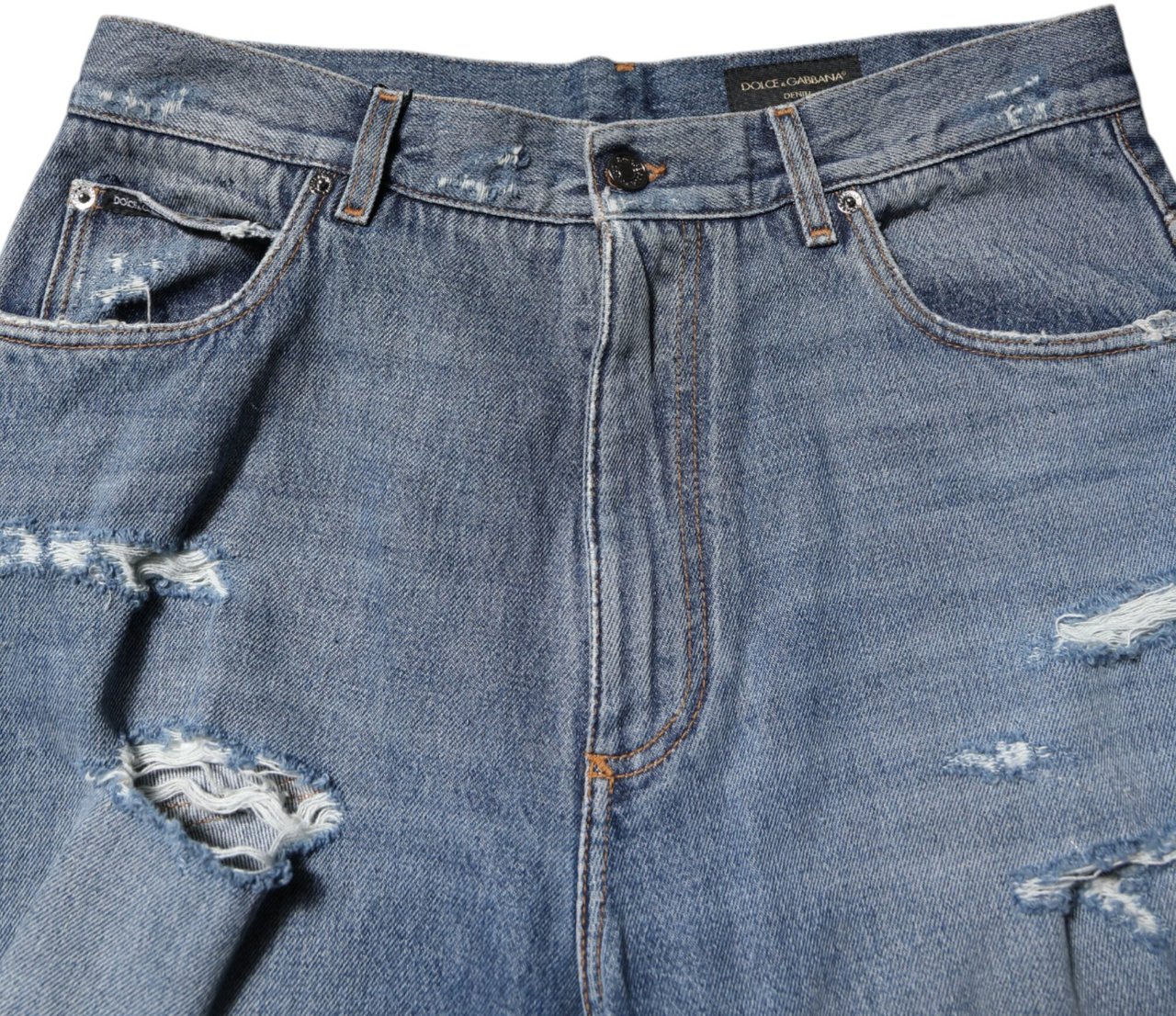 Dolce & Gabbana Blue Tattered Cotton Logo Plaque Denim Jeans Blauw
