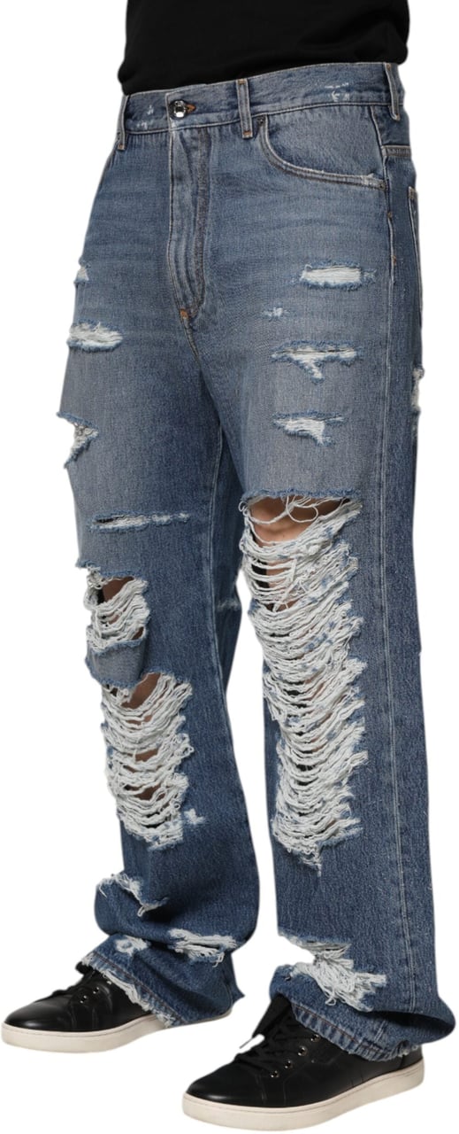 Dolce & Gabbana Blue Tattered Cotton Logo Plaque Denim Jeans Blauw