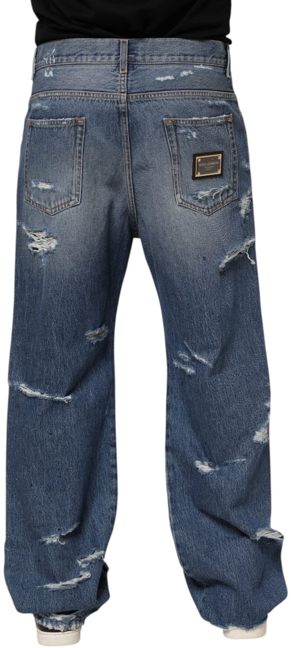 Dolce & Gabbana Blue Tattered Cotton Logo Plaque Denim Jeans Blauw