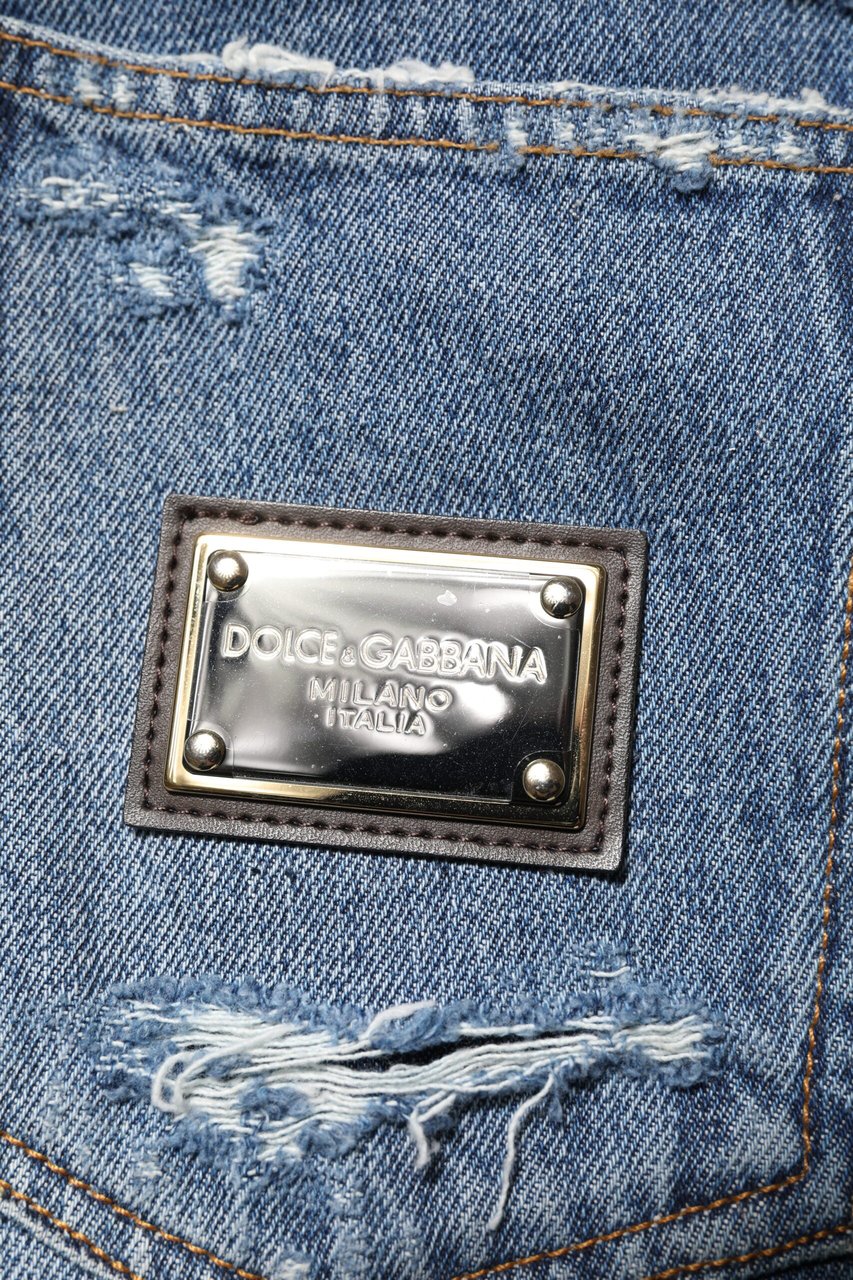 Dolce & Gabbana Blue Tattered Cotton Logo Plaque Denim Jeans Blauw