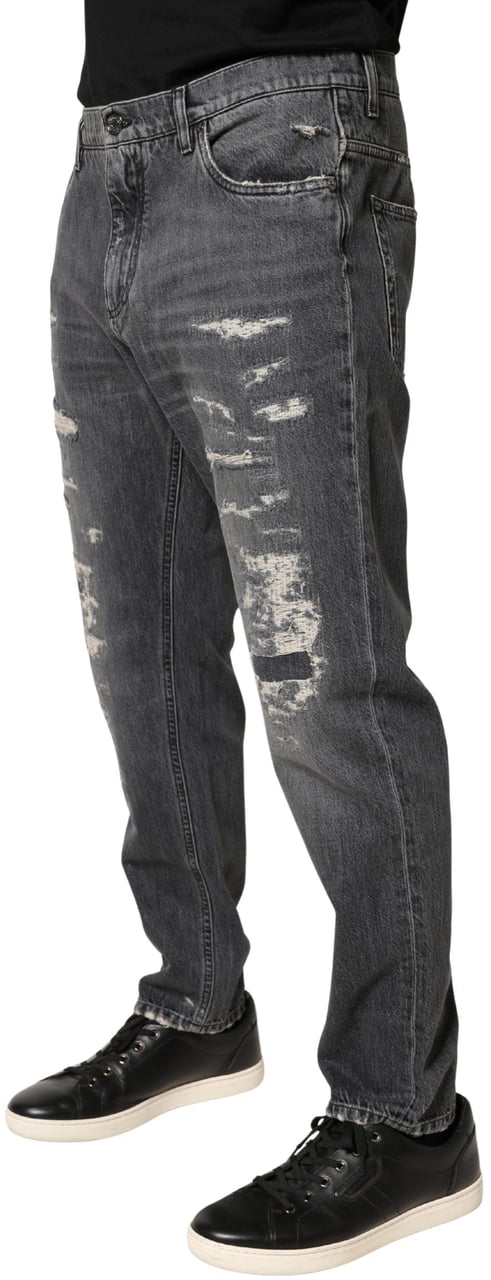 Dolce & Gabbana Dark Gray Tattered Cotton Loose Denim Jeans Grijs