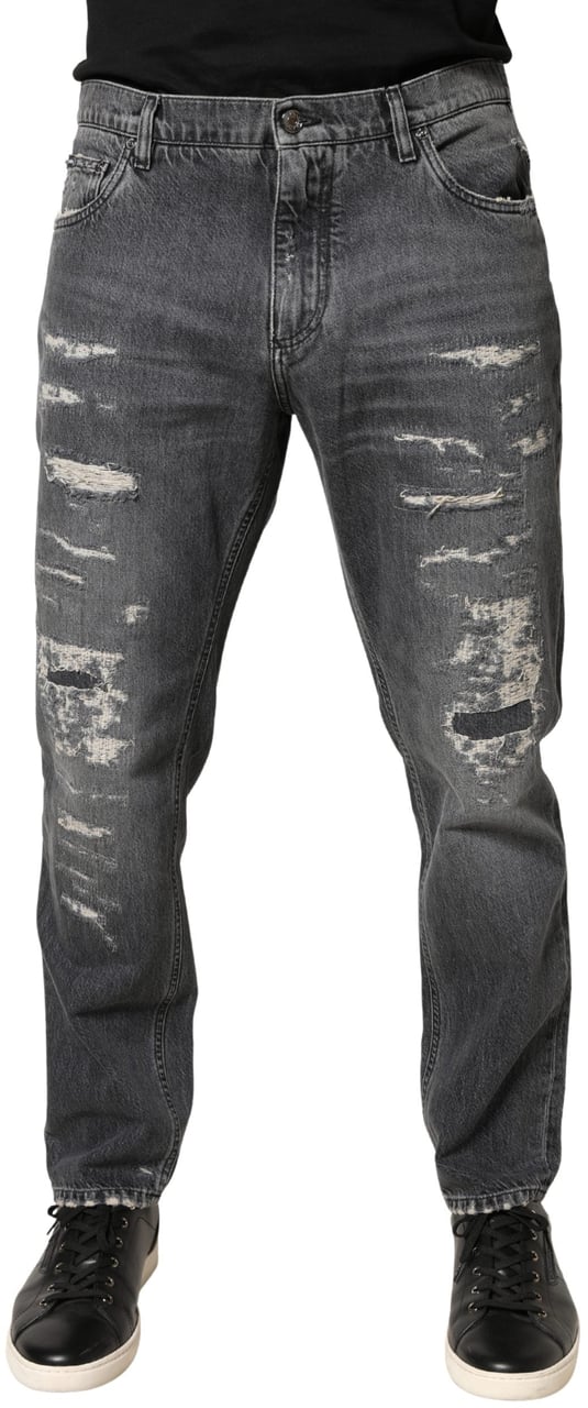Dolce & Gabbana Dark Gray Tattered Cotton Loose Denim Jeans Grijs