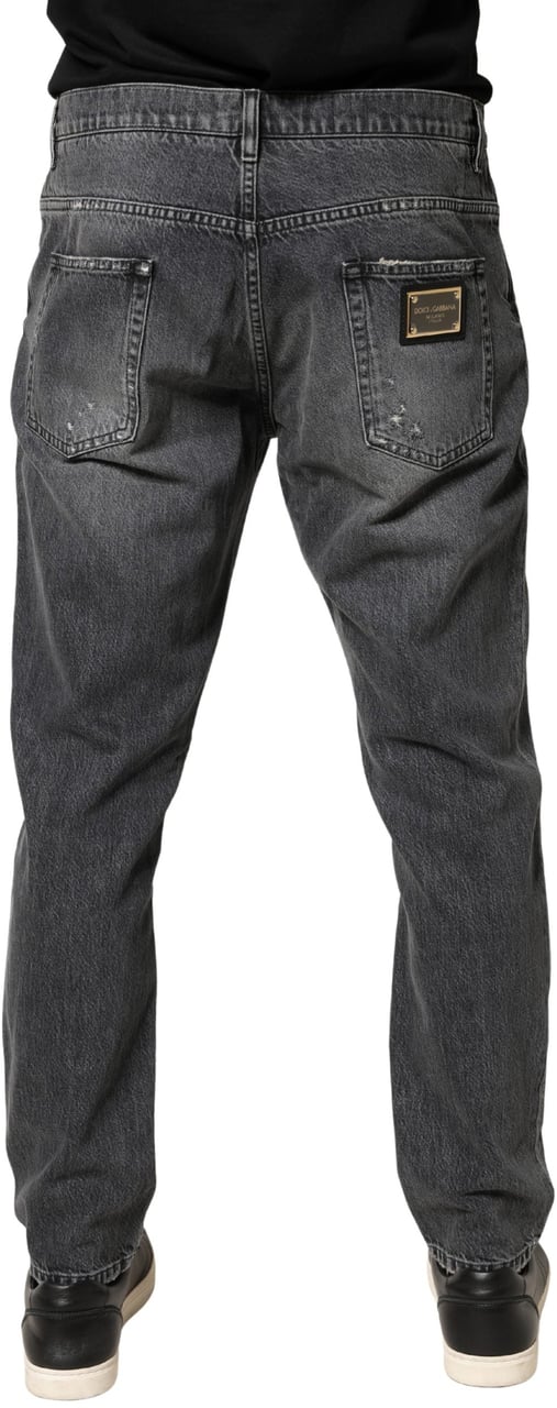 Dolce & Gabbana Dark Gray Tattered Cotton Loose Denim Jeans Grijs