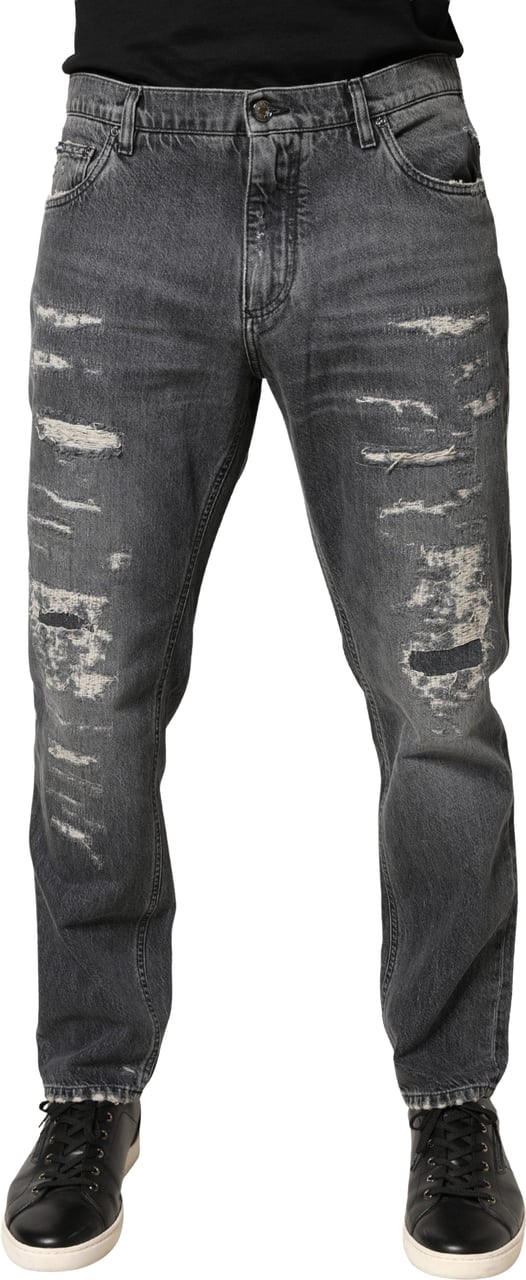 Dolce & Gabbana Dark Gray Tattered Cotton Loose Denim Jeans Grijs