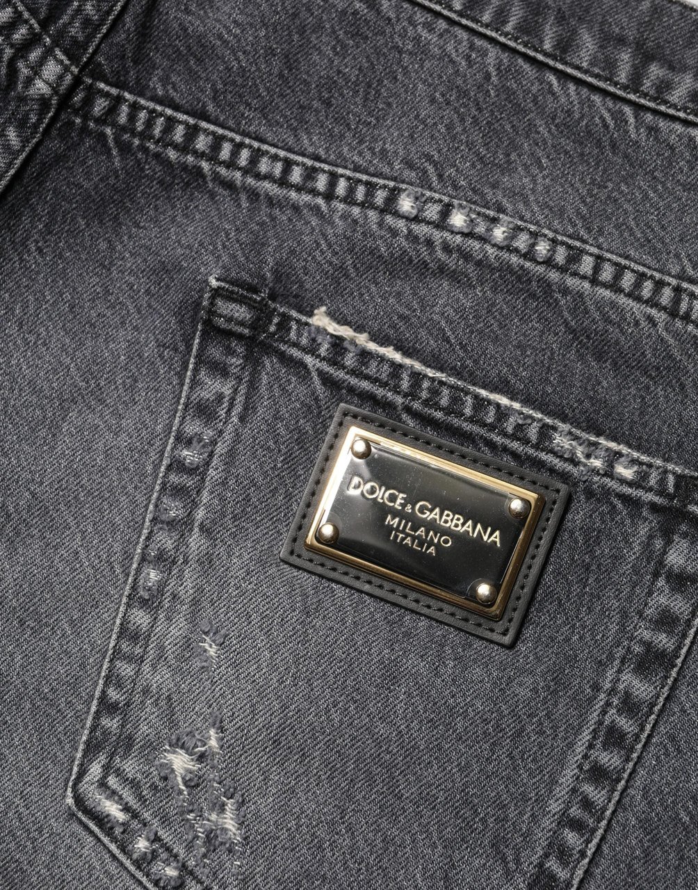 Dolce & Gabbana Dark Gray Tattered Cotton Loose Denim Jeans Grijs