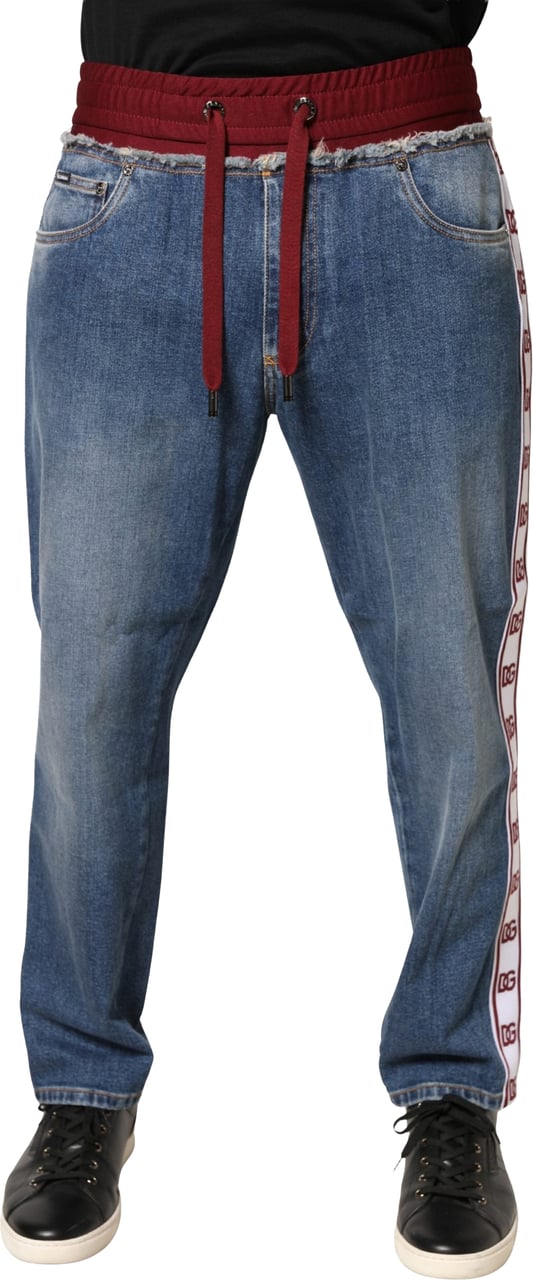 Dolce & Gabbana Blue Cotton Drawstring Straight Denim Jeans Blauw