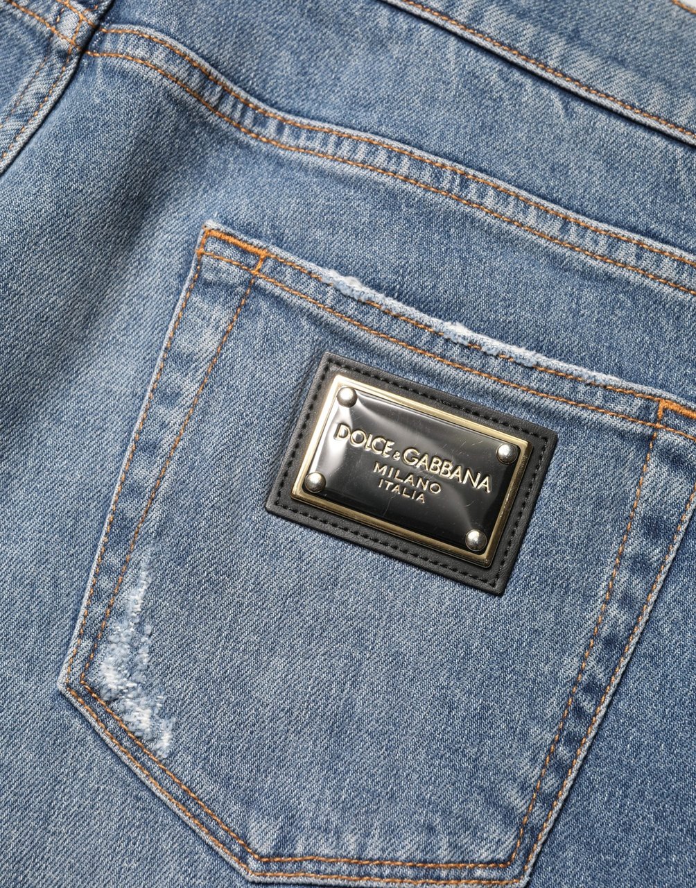 Dolce & Gabbana Blue Tattered Slim Fit Cotton Denim Jeans Blauw