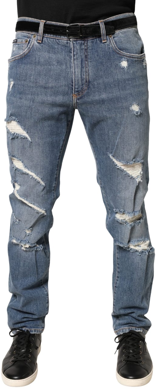 Dolce & Gabbana Blue Tattered Slim Fit Cotton Denim Jeans Blauw