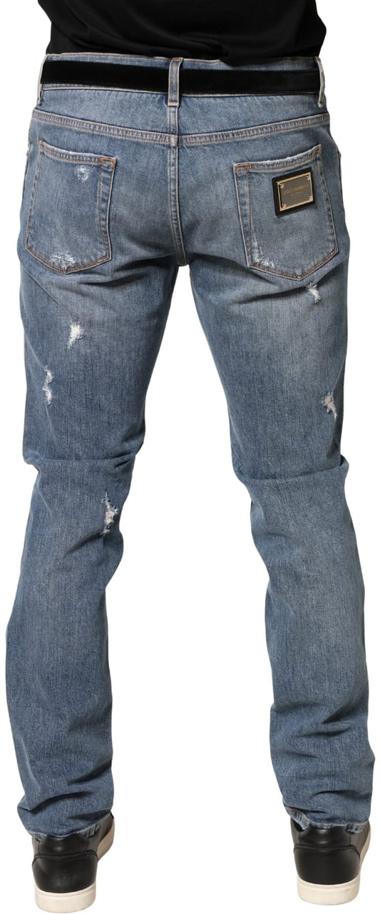 Dolce & Gabbana Blue Tattered Slim Fit Cotton Denim Jeans Blauw