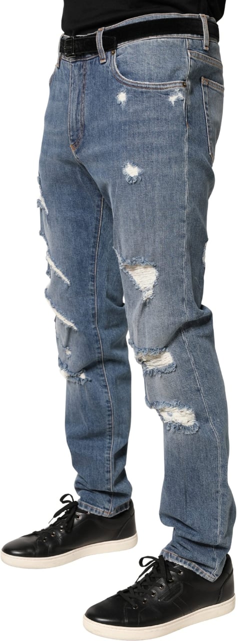 Dolce & Gabbana Blue Tattered Slim Fit Cotton Denim Jeans Blauw