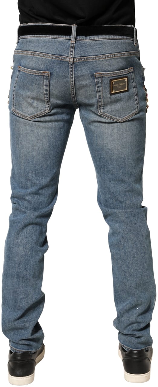 Dolce & Gabbana Blue Embellished Loose Cotton Men Denim Jeans Blauw