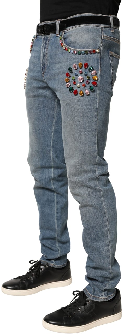 Dolce & Gabbana Blue Embellished Loose Cotton Men Denim Jeans Blauw