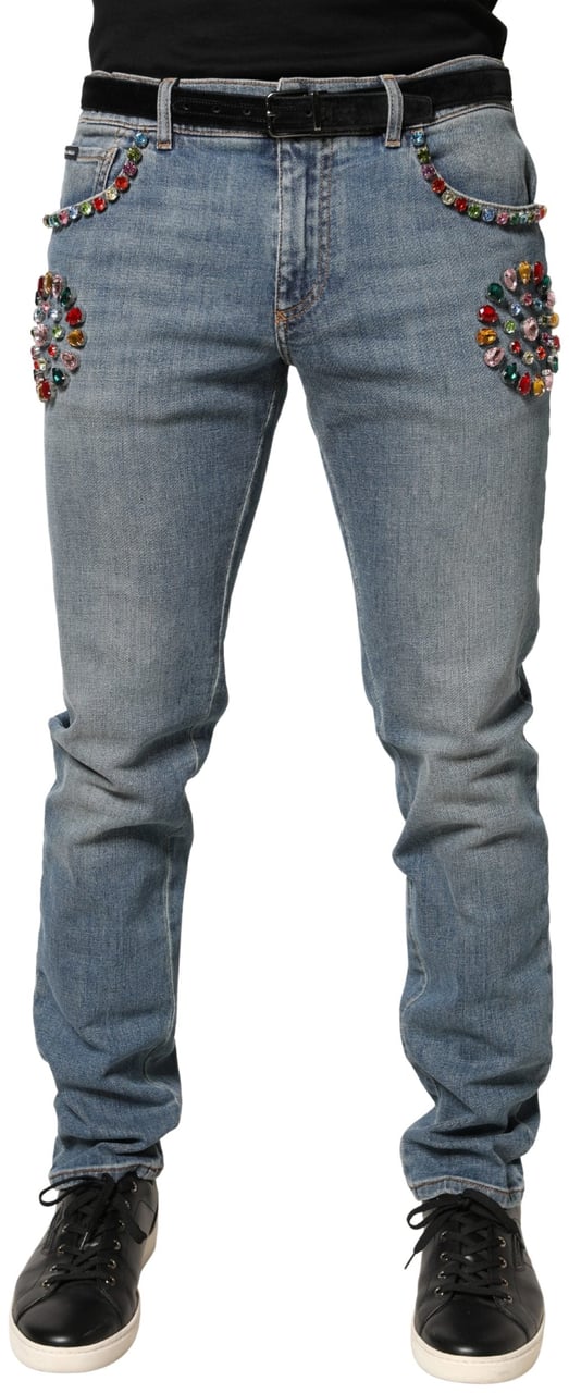 Dolce & Gabbana Blue Embellished Loose Cotton Men Denim Jeans Blauw
