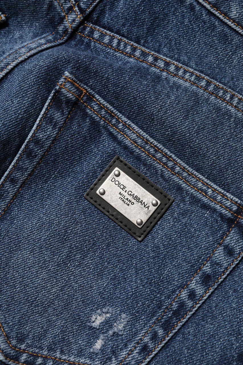 Dolce & Gabbana Blue Cotton Wide Leg Tattered Denim Jeans Blauw