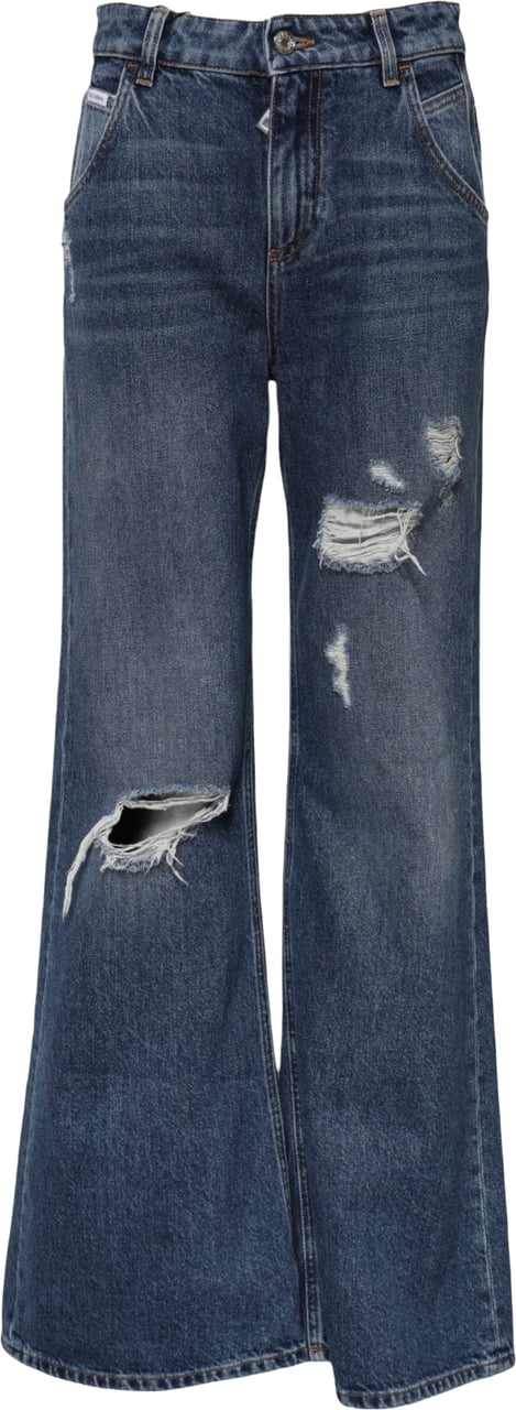 Dolce & Gabbana Blue Cotton Wide Leg Tattered Denim Jeans Blauw